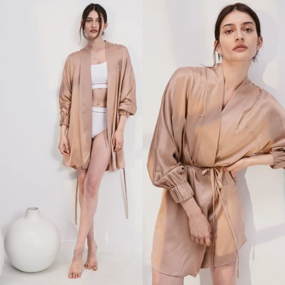 Lunya Washable Silk Robe XL2/XL3 Otium Tan Self Tie Belt Pockets Hypoallergenic - Picture 2 of 9